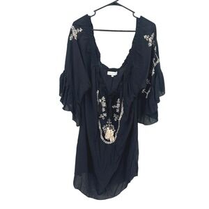 Boho Black Cover Up Dress‎ Embroidered Sheer Tassel Oversized Festival Beach
